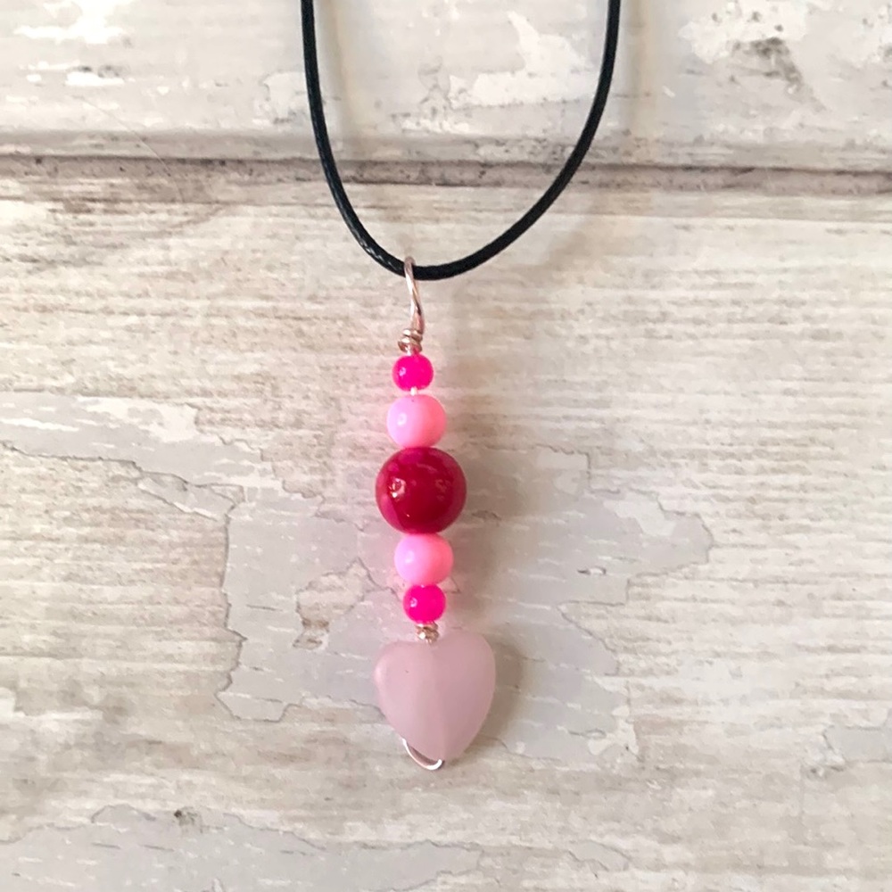 Pink Heart Stone Charm Necklace Silver Beaded Jewelry Women Girls NEW